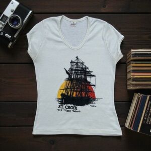 Vintage 70’s Fun-Tees ST. CROIX Virgin Islands Baby Doll V-Neck Souvenir Tee Lrg
